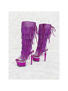 NIB Illusion Fuchsia Pink Textured Platform Fringe High Heel Open Toe Knee Boots